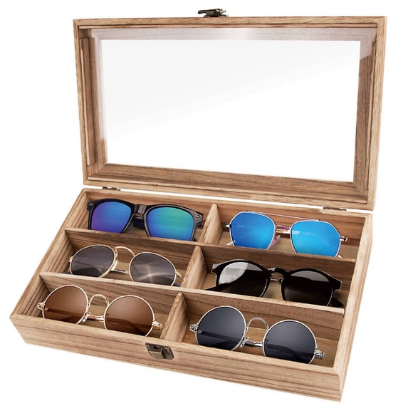 REVO Eyewear Case Sunglasses Eye Glasses Organizer Six Pair Wood & Glass Box NWT - Picture 1 of 6